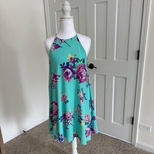 fab'rik Turquoise Floral Halter Mini Dress